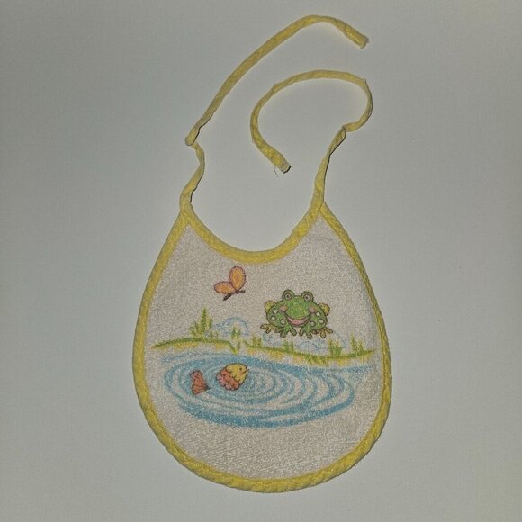 VTG Baby Bib Frog Butterfly Fish Water Yellow Trim - Picture 1 of 5